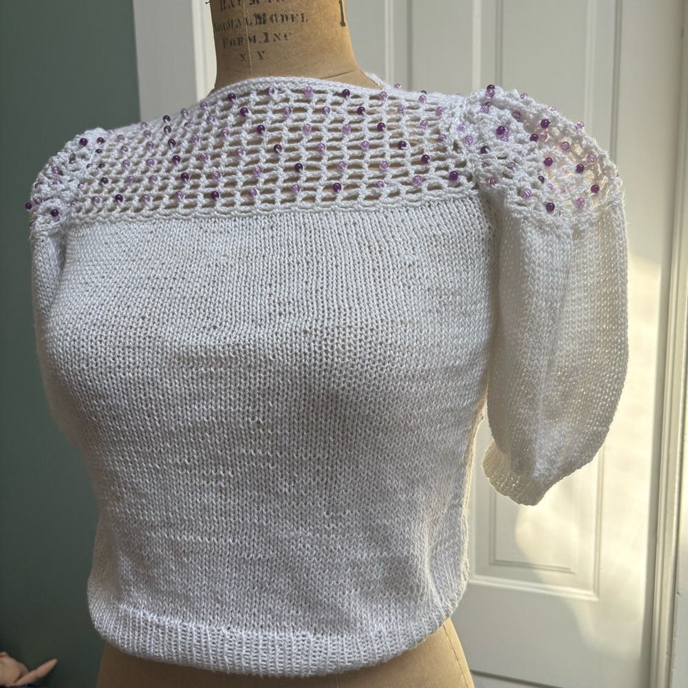 Hand Crafted White Sweater with Purple Accents - Picture 3 of 5